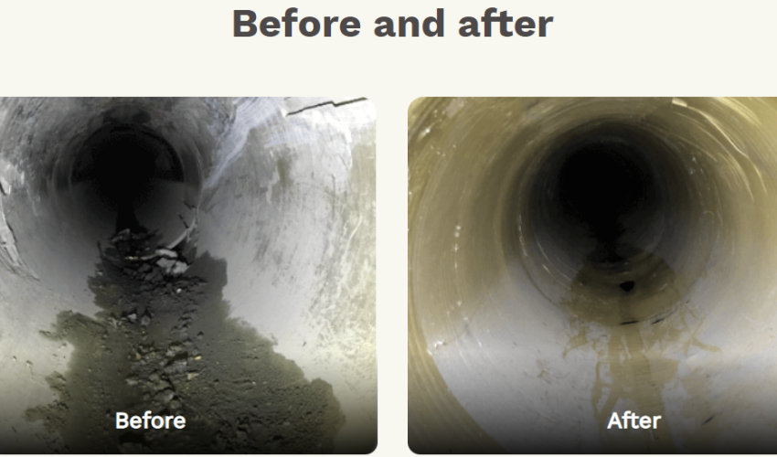 Before and after images of a pipe showing the results of trenchless pipe patching. The left side displays a damaged and corroded pipe interior, while the right side shows a smooth, newly lined pipe.